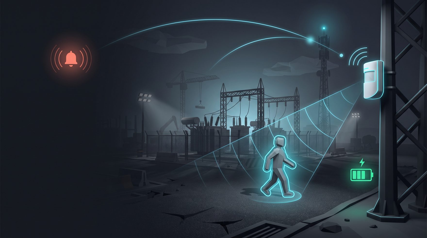 movero-sensor am Mast überwacht ein Umspannwerk bei Nacht: der Bewegungsscan erfasst einen Eindringling und löst Alarm aus, gefunkt über NB-IoT zum Mobilfunkmast, betrieben per Akku.