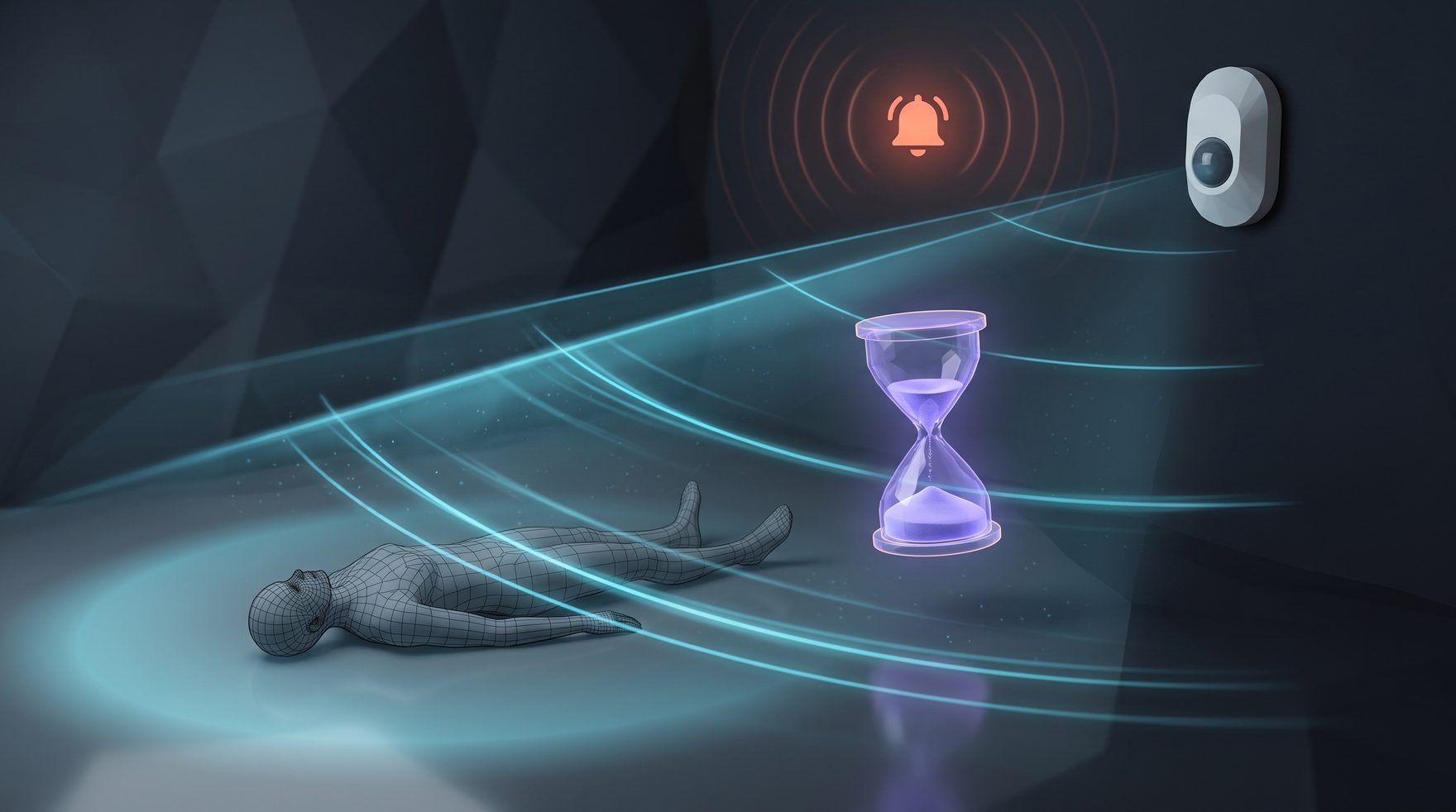 movero-sensor an der Wand tastet den Raum ab – eine reglose Person am Boden löst keine Bewegung aus, die Sanduhr läuft ab, der Alarm wird ausgelöst.