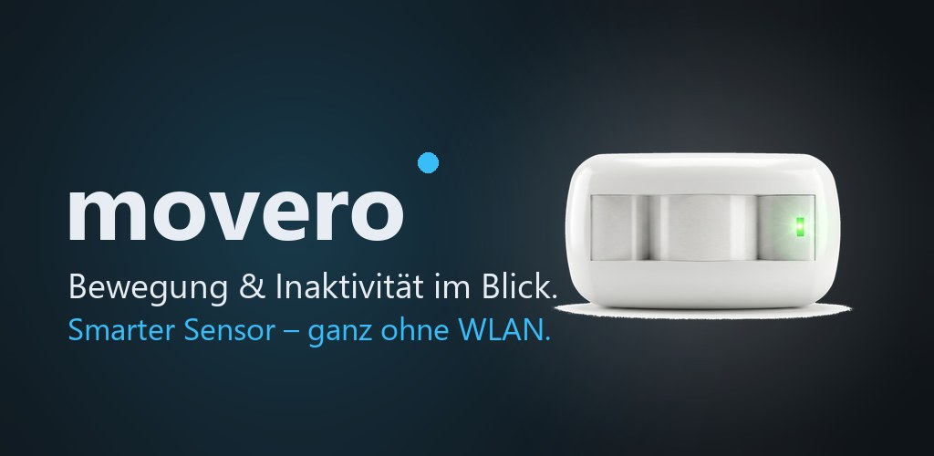 Der movero-Sensor: ein kleines weißes Gehäuse mit Bewegungslinse und grüner Status-LED. Bewegung und Inaktivität im Blick – ganz ohne WLAN.