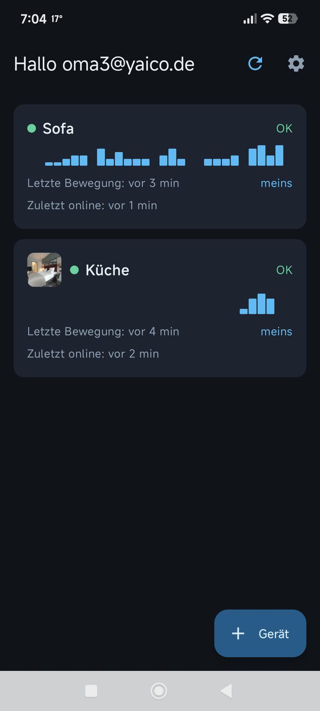 movero-sensor App – Übersicht mit Live-Status